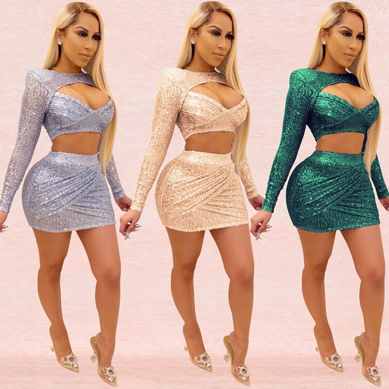Heidi-Mode | Pailletten Crop Top & Hohe Taille Minirock Sets