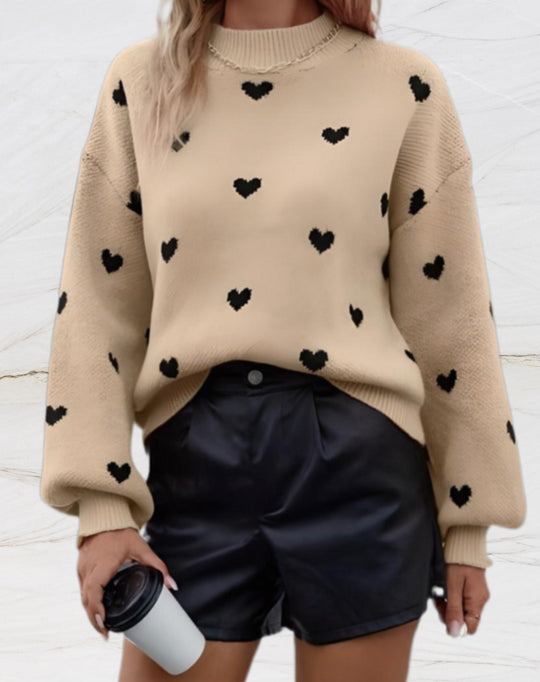 Heidi-Mode | Oversized Pullover Mit Rundhalsausschnitt Und Herzchenmuster