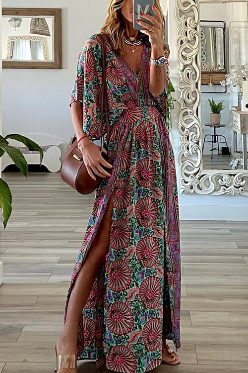 Heidi-Mode | Boho Print V-Ausschnitt Schlitz Maxikleid