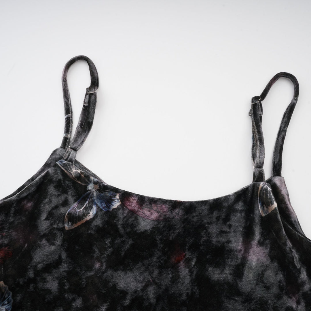 Heidi-Mode | Schwarzer Schmetterlingsdruck Samt Midi Kleid