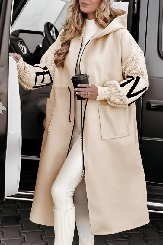 Heidi-Mode | Winterjacke Lang Gefüttert, mit Kapuze und Strickärmeln