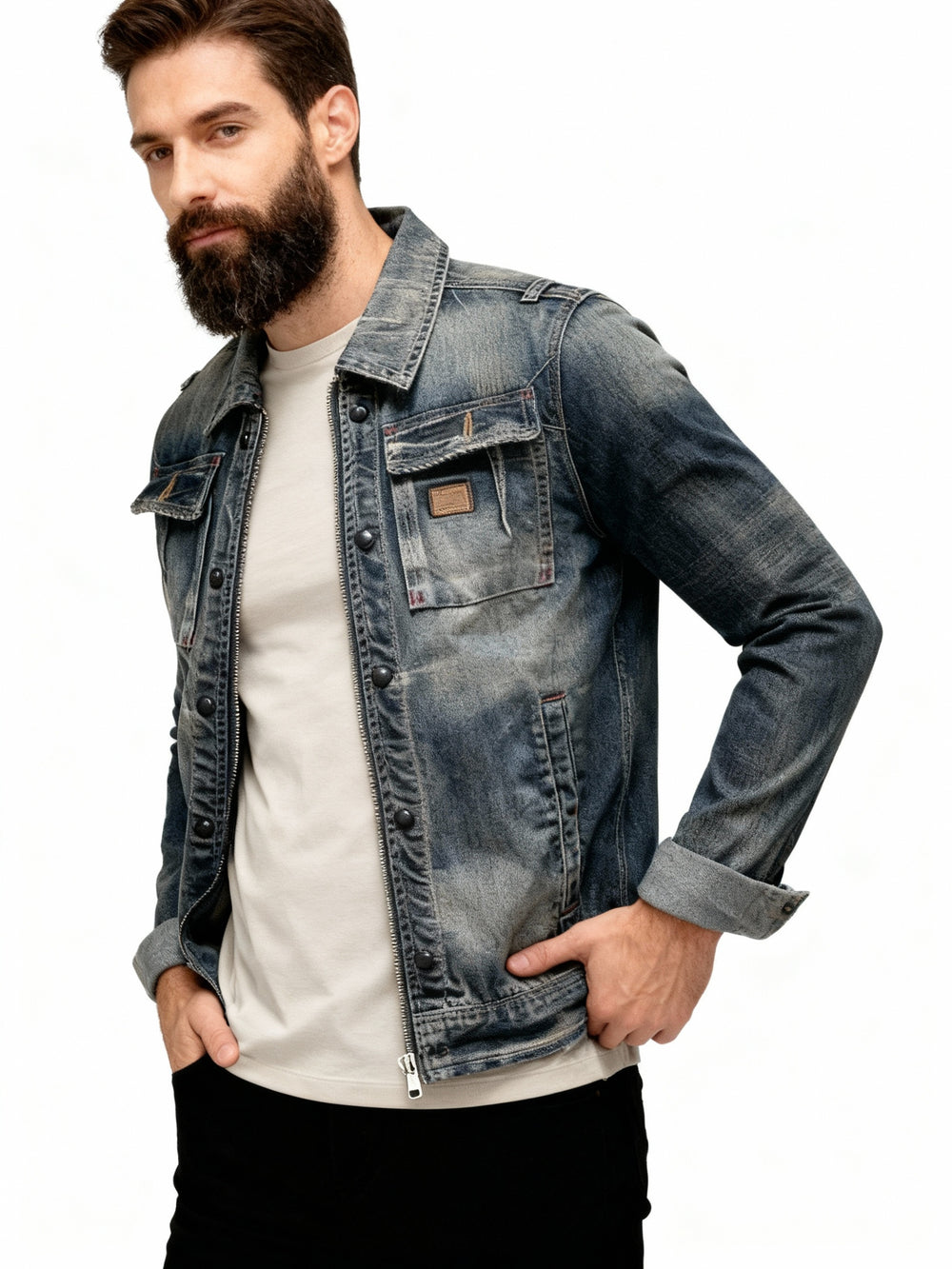 Herren Jeansjacke mit Umlegekragen – Patchwork-Design
