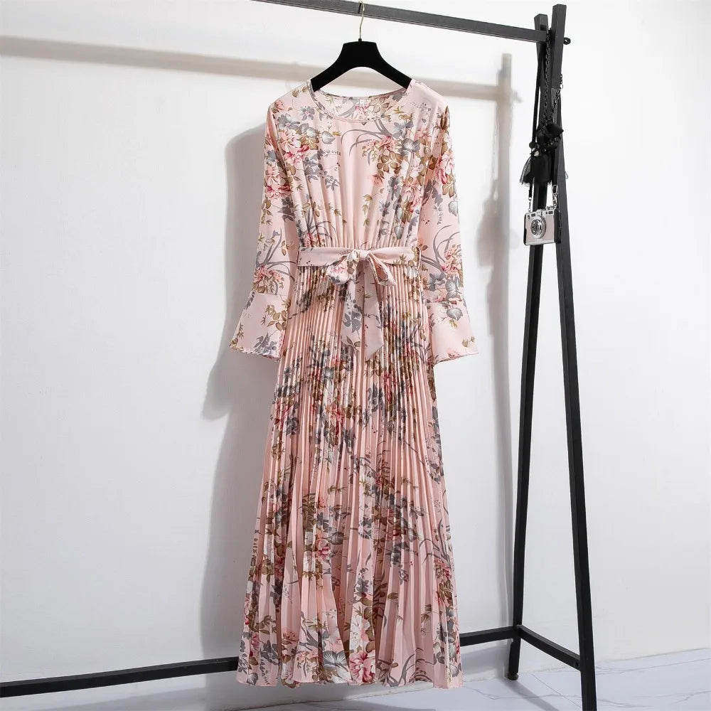 Bloemenprint Chiffon Lange Jurk met Ceintuur