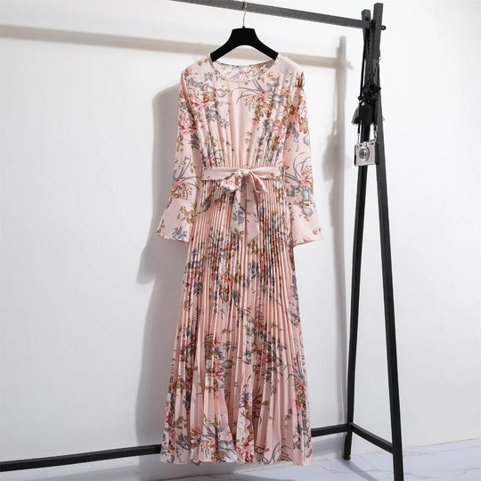 Bloemenprint Chiffon Lange Jurk met Ceintuur