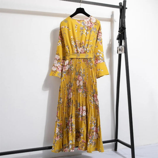 Bloemenprint Chiffon Lange Jurk met Ceintuur