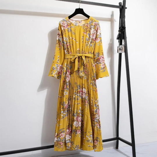 Bloemenprint Chiffon Lange Jurk met Ceintuur
