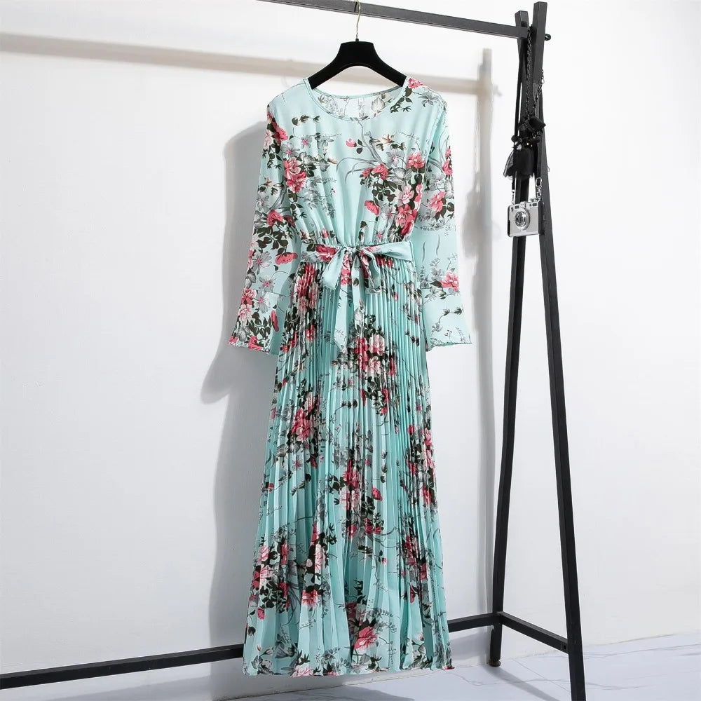Bloemenprint Chiffon Lange Jurk met Ceintuur