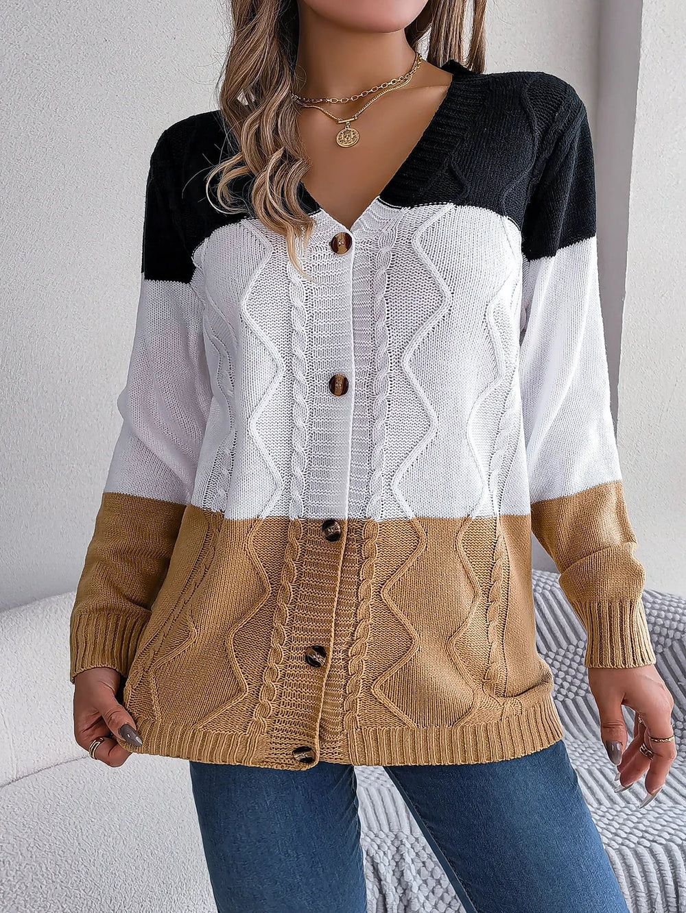 Eleganter langärmeliger V-Ausschnitt-Cardigan