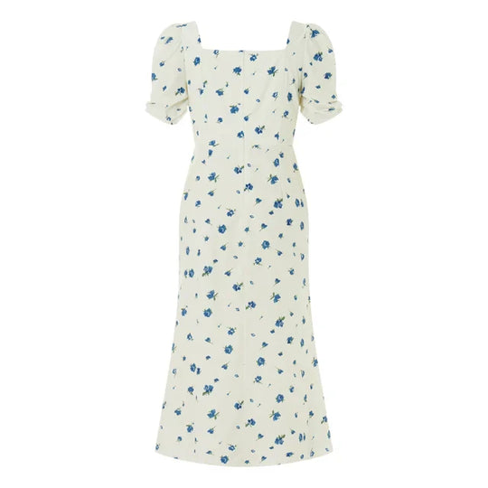 lässiges kurzes Puffärmel Blumenmuster Midi Kleid