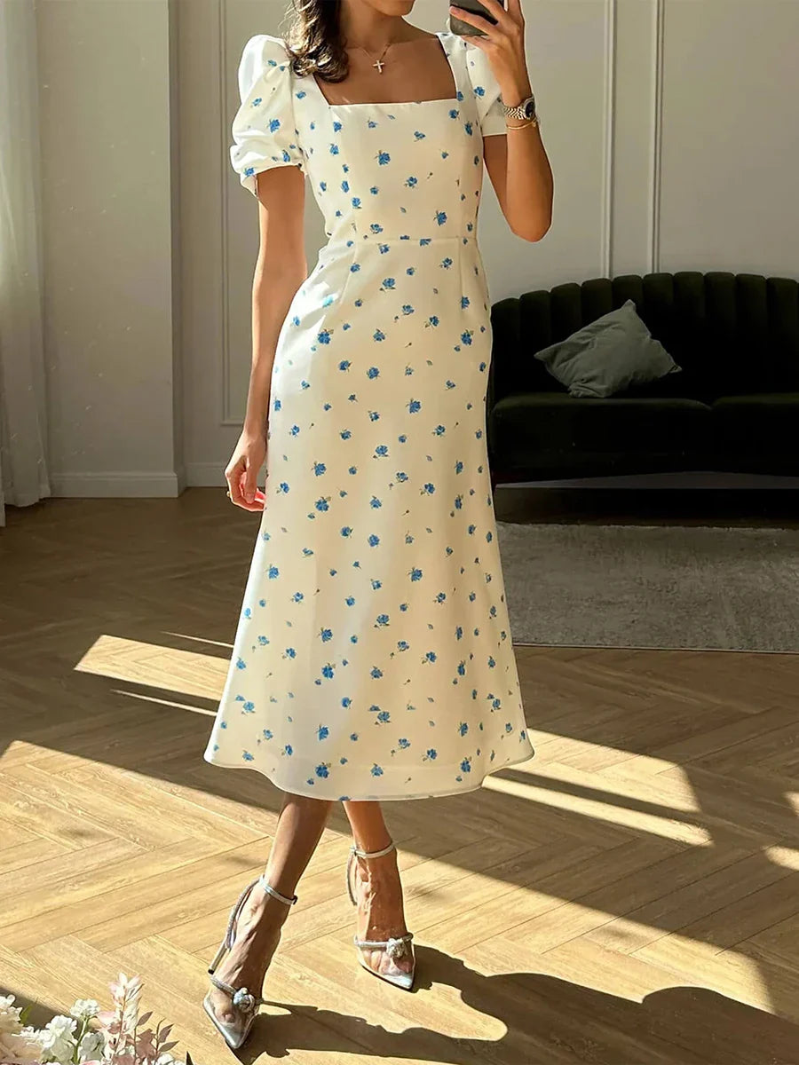 lässiges kurzes Puffärmel Blumenmuster Midi Kleid