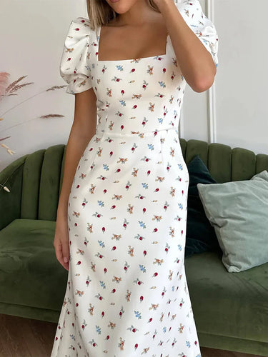 lässiges kurzes Puffärmel Blumenmuster Midi Kleid