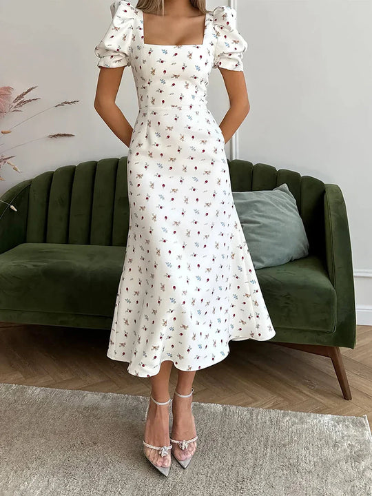 lässiges kurzes Puffärmel Blumenmuster Midi Kleid