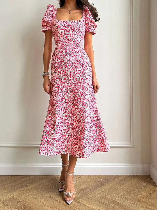 lässiges kurzes Puffärmel Blumenmuster Midi Kleid