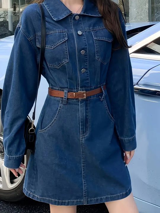 Single-breasted denim jurk met lange mouwen en riem