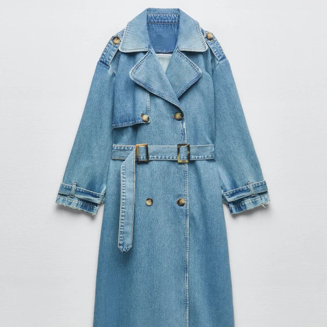 Heidi-Mode - Blauer stilvoller Denim-Trenchcoat für Frauen