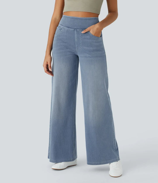 Heidi-Mode | Hochtaillierte Weite Bein Jeans mit Mehreren Taschen