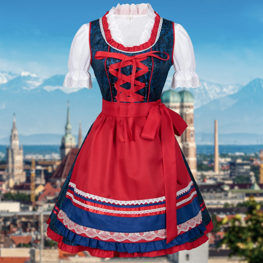 Heidi-Mode - Stilvolle Herbst Rote Dirndl mit Rüschen Bluse für Frauen