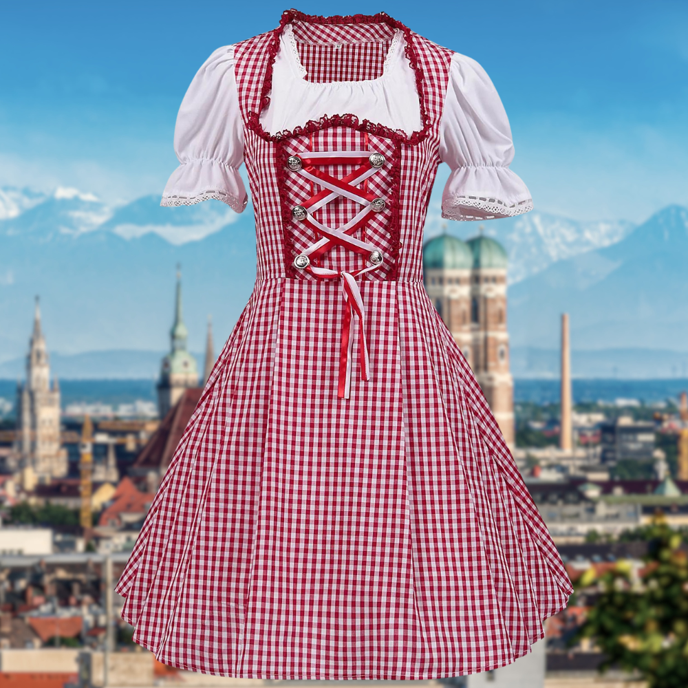 Heidi-Mode - Stilvolle Rot und Weiß Gescheckte Dirndl mit Rüschen für Frauen