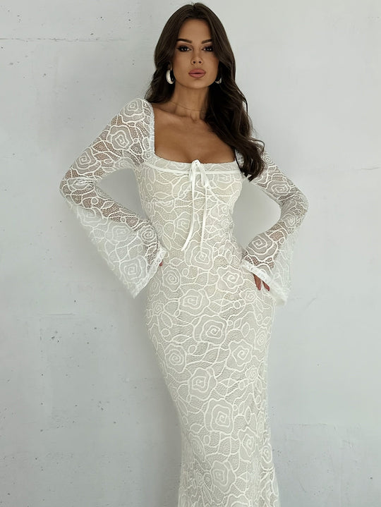 Heidi-Mode | Elegantes Maxi Kleid mit Spitze und Ausgestellten Ärmeln