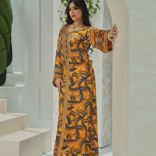 Heidi-Mode | Gedruckt Hotfix Strass Frauen Kaftan Kaftan Kleid Jalabiya