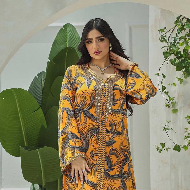 Heidi-Mode | Gedruckt Hotfix Strass Frauen Kaftan Kaftan Kleid Jalabiya