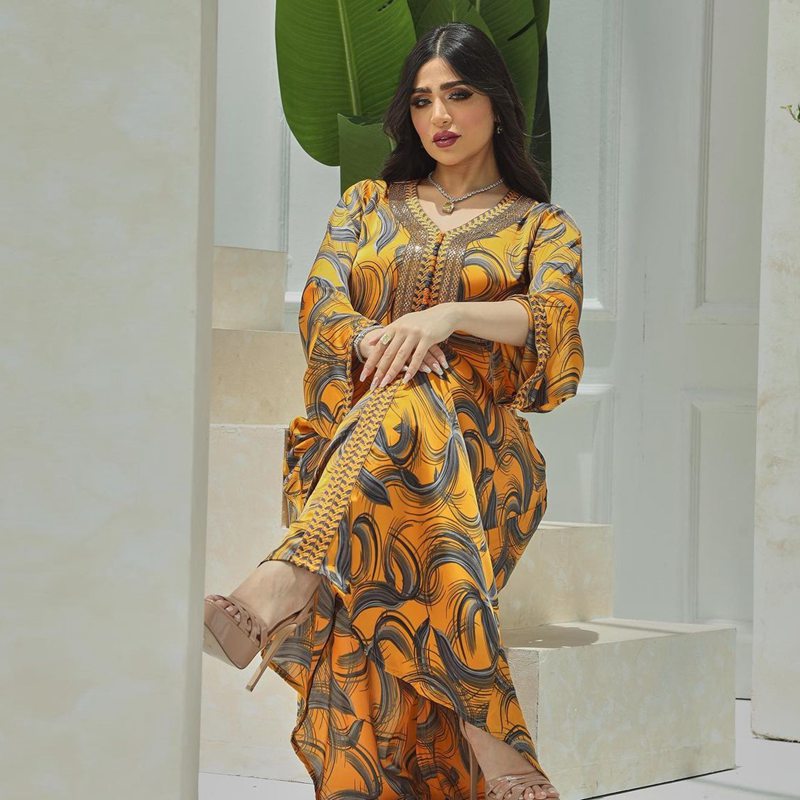 Heidi-Mode | Gedruckt Hotfix Strass Frauen Kaftan Kaftan Kleid Jalabiya