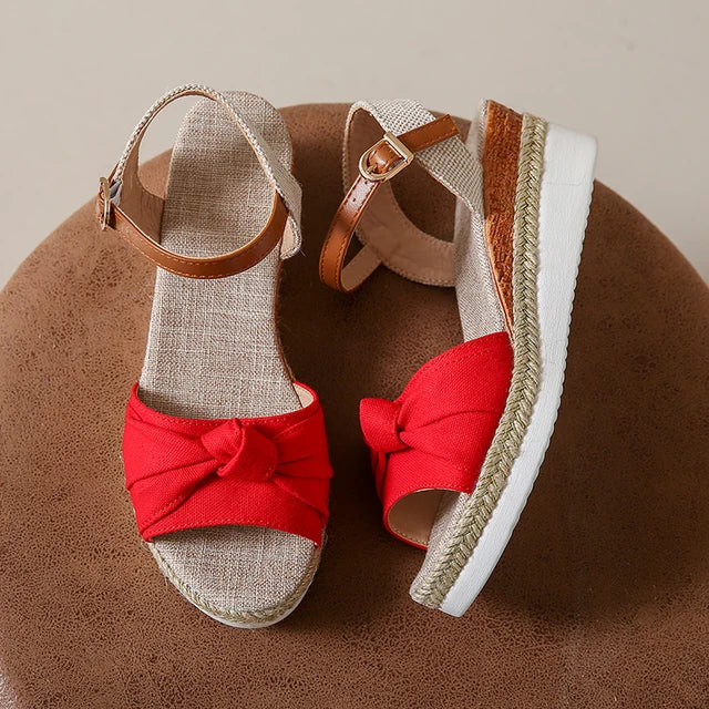Flatform Espadrilles mit Retro-Stil Offene Zehen Schnalle Römische Sandalen