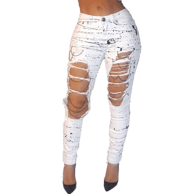 Heidi-Mode | Große Löcher Kette Farbklecks Ripped Jeans