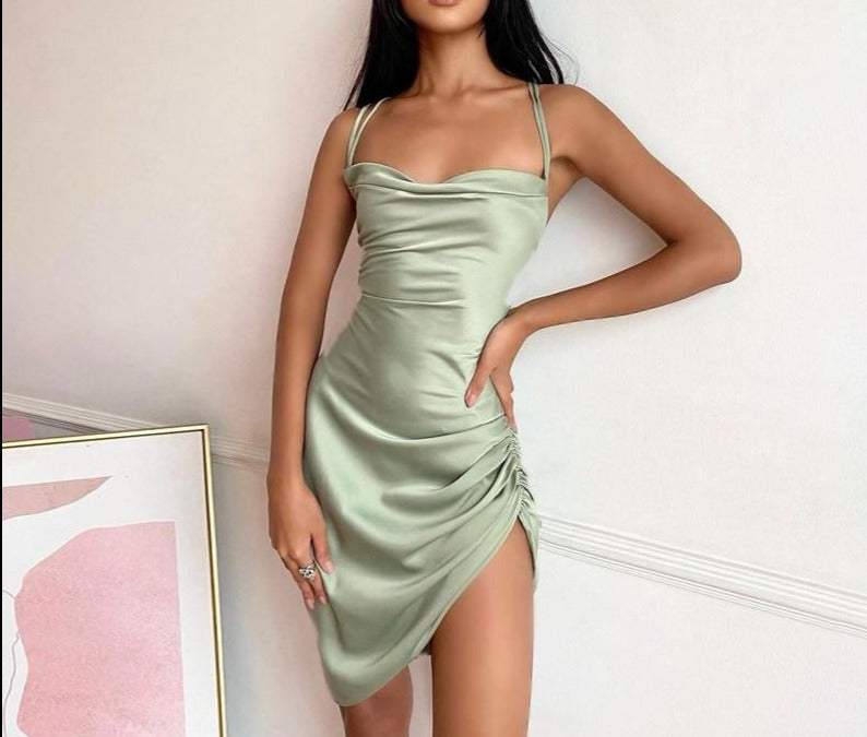 Heidi-Mode | Satin Raffung Rückenfreies Bandage Mini Kleider