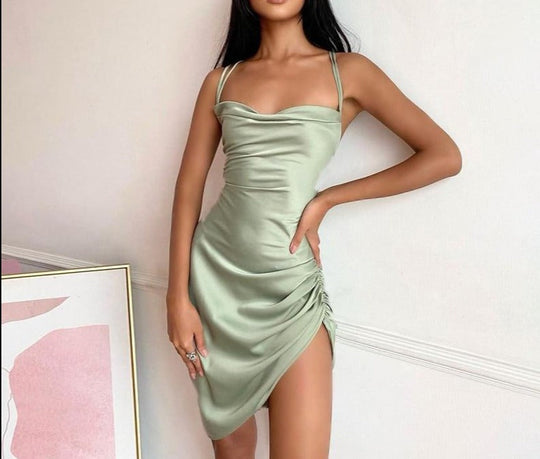Heidi-Mode | Satin Raffung Rückenfreies Bandage Mini Kleider