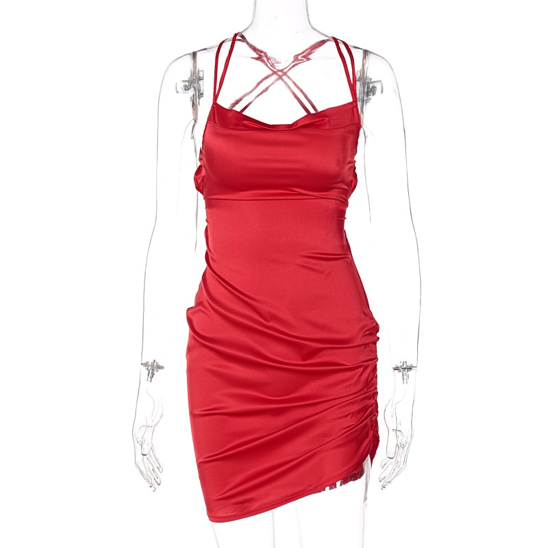 Heidi-Mode | Satin Raffung Rückenfreies Bandage Mini Kleider
