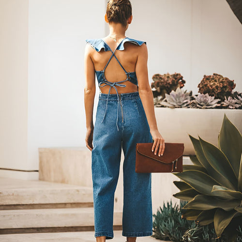 Denim-Jumpsuit mit Rüschen und Schnürung