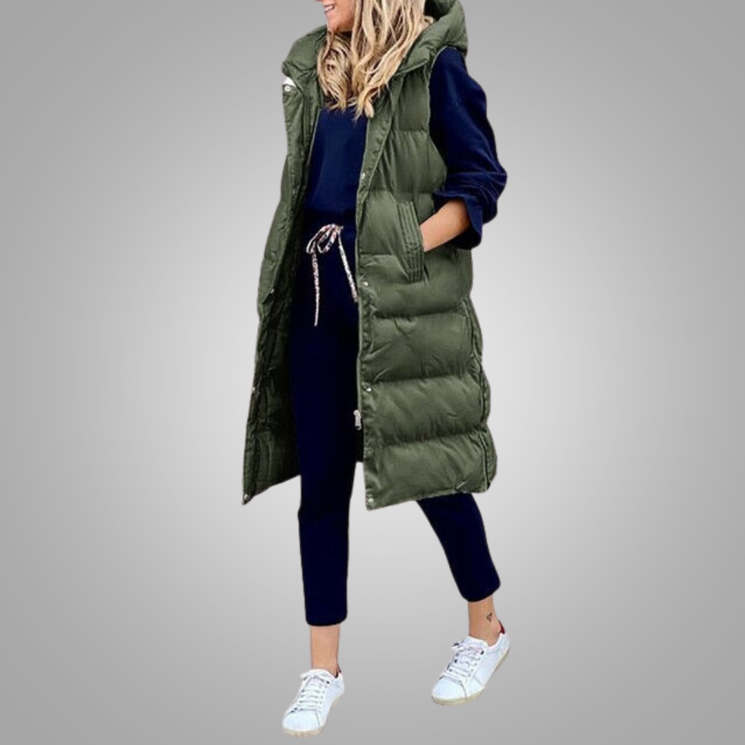Heidi-Mode | Langer Ärmelloser Steppmantel mit Kapuze für Damen