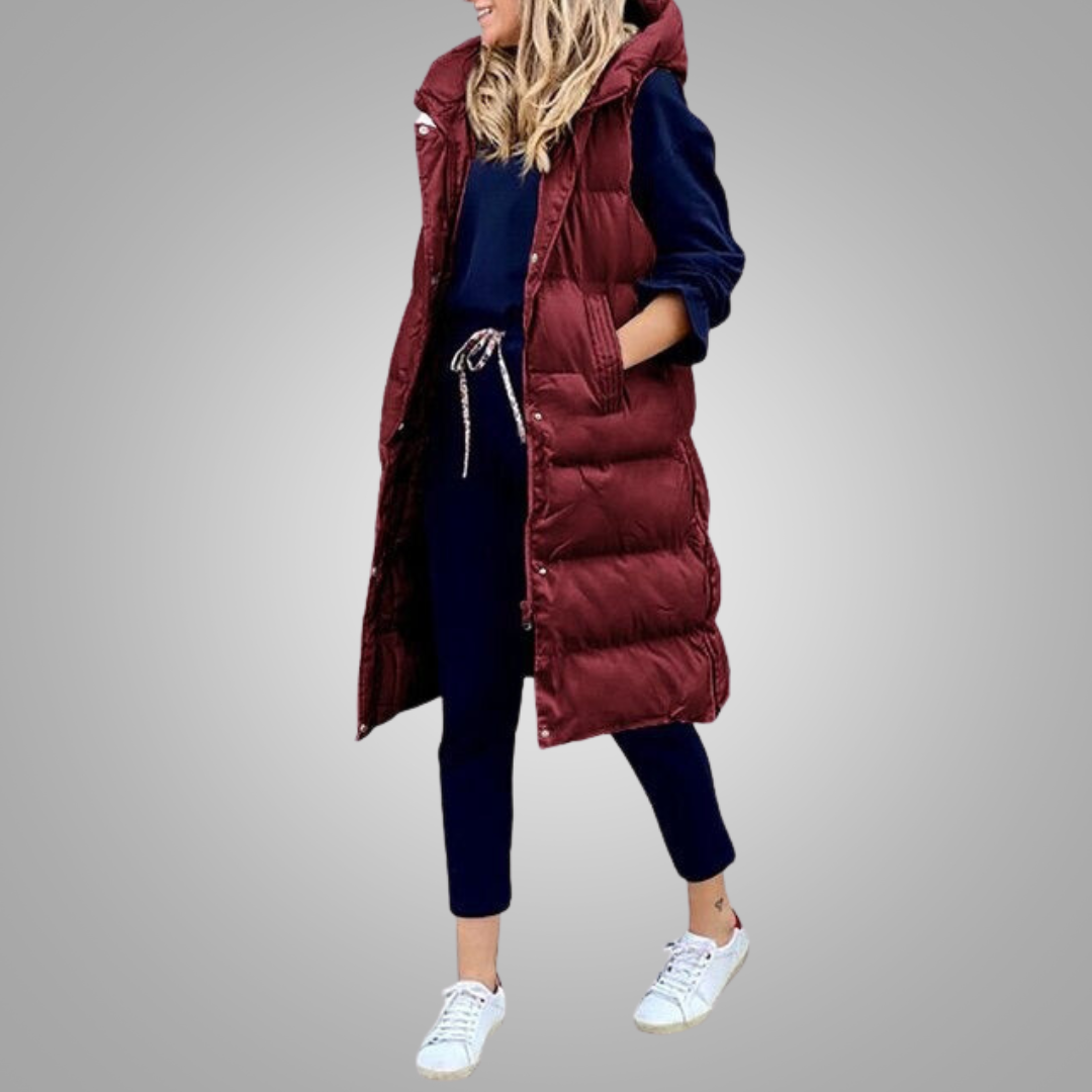 Heidi-Mode | Langer Ärmelloser Steppmantel mit Kapuze für Damen