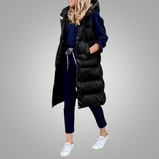 Heidi-Mode | Langer Ärmelloser Steppmantel mit Kapuze für Damen