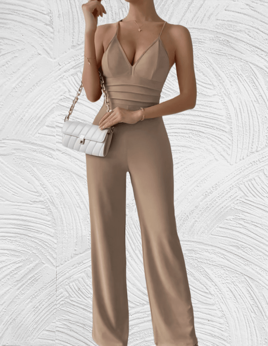 Heidi-Mode Jumpsuit mit tiefem V-Ausschnitt, ärmellosem Rücken und weitem Bein