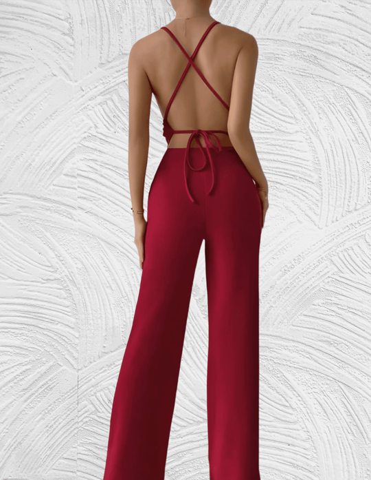 Heidi-Mode Jumpsuit mit tiefem V-Ausschnitt, ärmellosem Rücken und weitem Bein