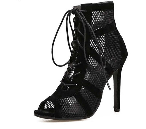 Heidi-Mode | Schwarze Schnürung Peep Toe Netz High Heel Knöchel Stiefel