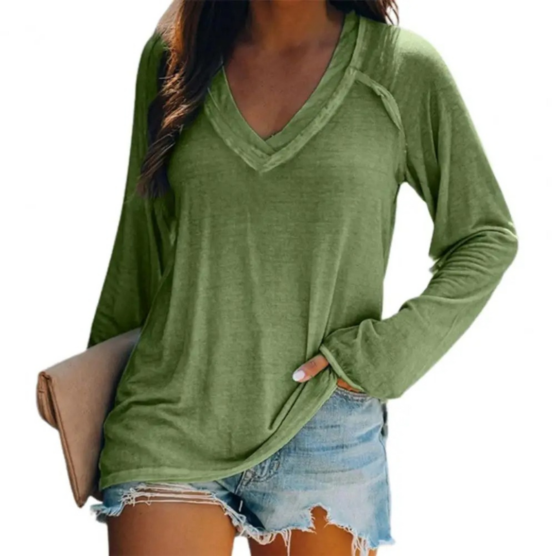 Heidi-Mode | Elegantes V-ausschnitt Weiß Winddicht Damen Shirt mit Langen Ärmeln
