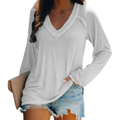 Heidi-Mode | Elegantes V-ausschnitt Weiß Winddicht Damen Shirt mit Langen Ärmeln