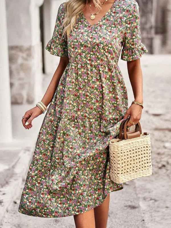Elegantes Urlaubs-Minikleid mit kurzen Ärmeln und V-Ausschnitt