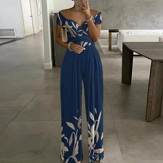 Maxi-Jumpsuit mit Aufdruck, schulterfreiem V-Ausschnitt