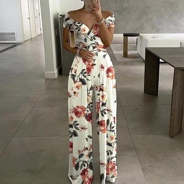 Maxi-Jumpsuit mit Aufdruck, schulterfreiem V-Ausschnitt