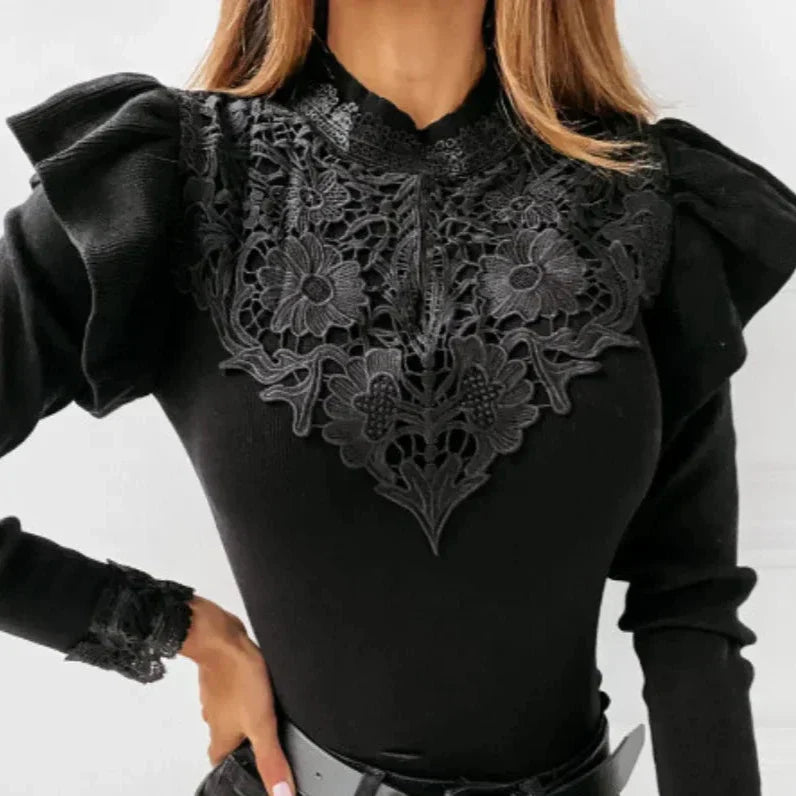 Heidi-Mode - Pullover mit Rollkragen, Rüschen und Spitzendetails