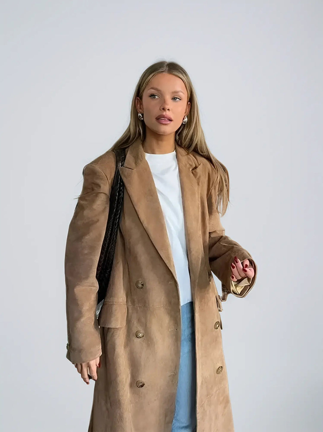 Heidi-Mode | Damen Wildleder Trenchcoat mit Klassischem Revers und Doppelt Knopfverschluss