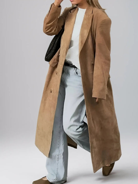 Heidi-Mode | Damen Wildleder Trenchcoat mit Klassischem Revers und Doppelt Knopfverschluss