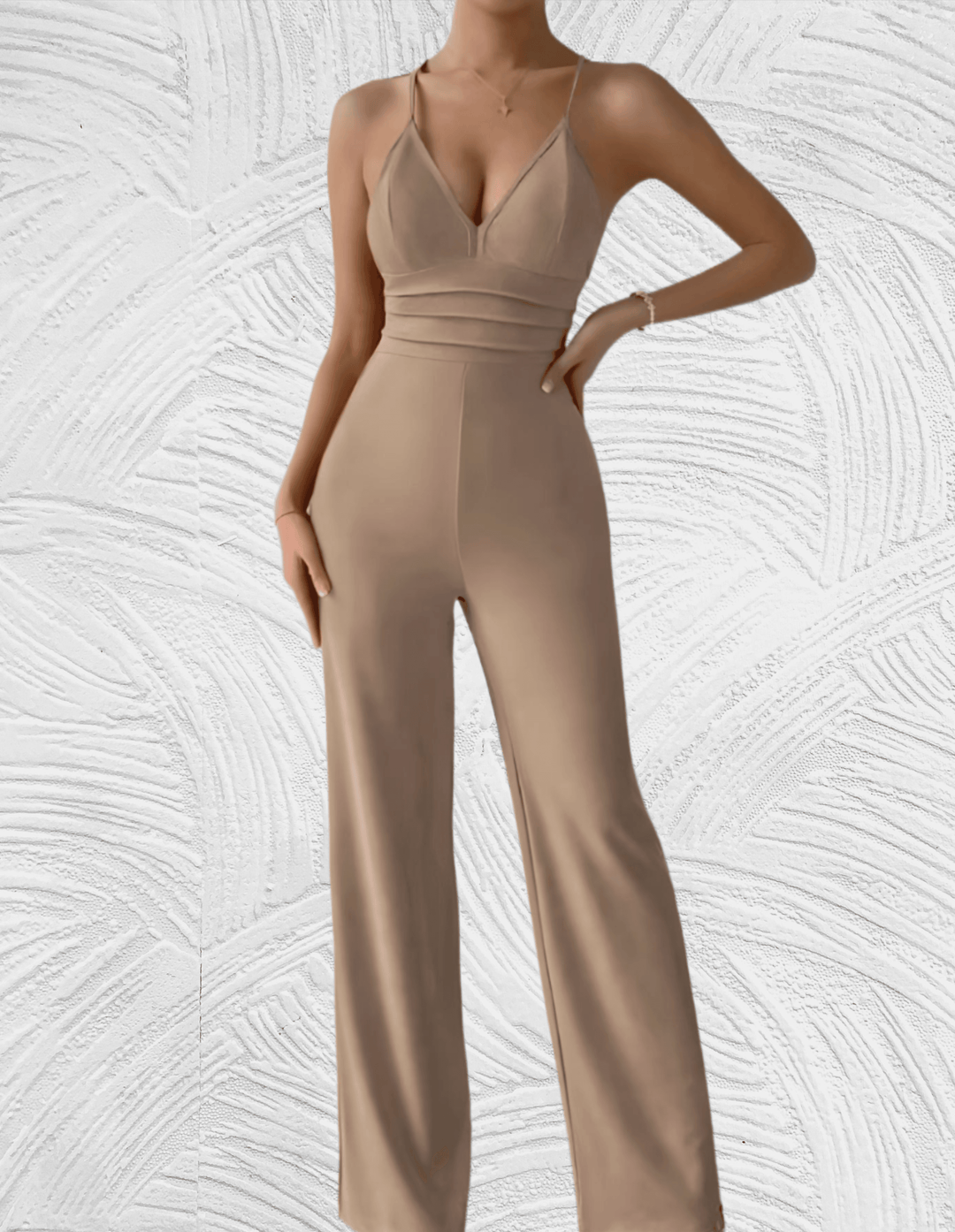 Heidi-Mode Jumpsuit mit tiefem V-Ausschnitt, ärmellosem Rücken und weitem Bein