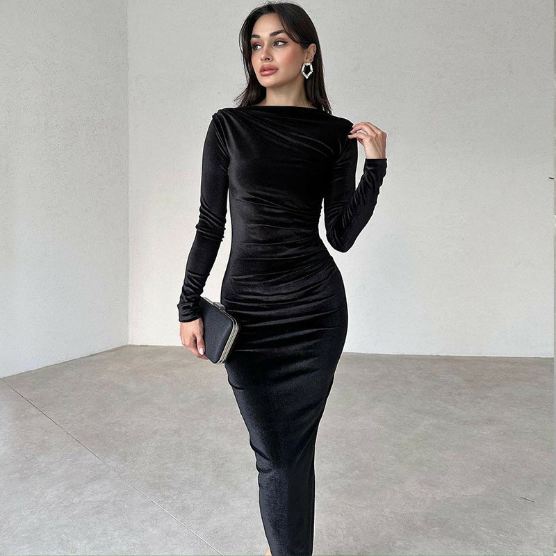 Heidi-Mode | Elegante Velours Midi Kleid mit Langen Ärmeln