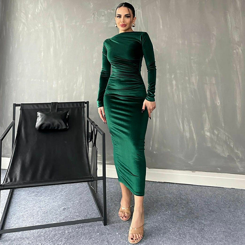 Heidi-Mode | Elegante Velours Midi Kleid mit Langen Ärmeln