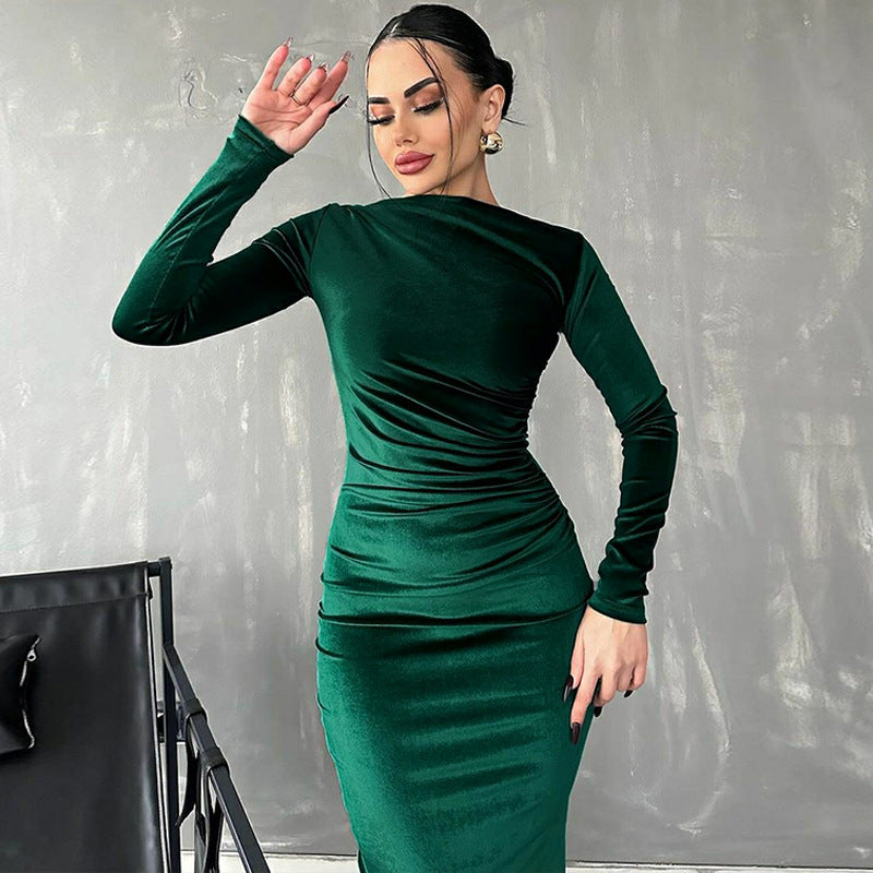 Heidi-Mode | Elegante Velours Midi Kleid mit Langen Ärmeln